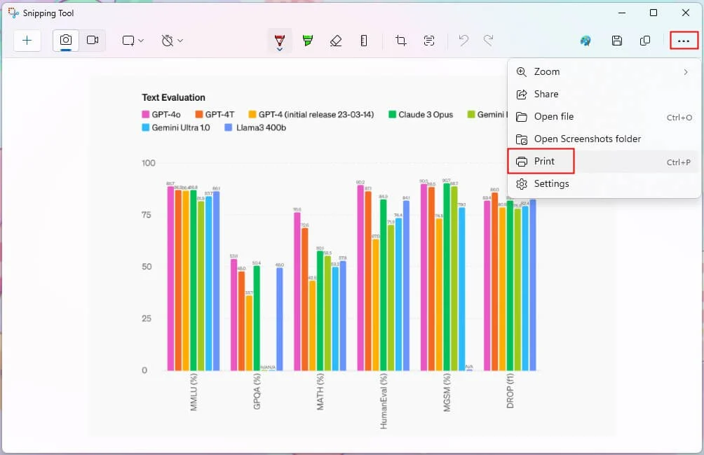 Команда печати в Ножницах Windows 11