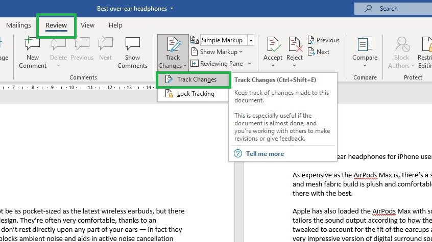 Меню записи исправлений Microsoft Word