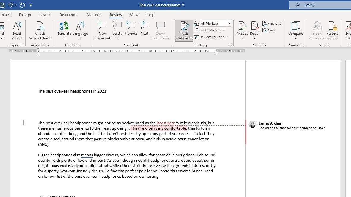 Вкладка Рецензирование и панель комментариев Microsoft Word