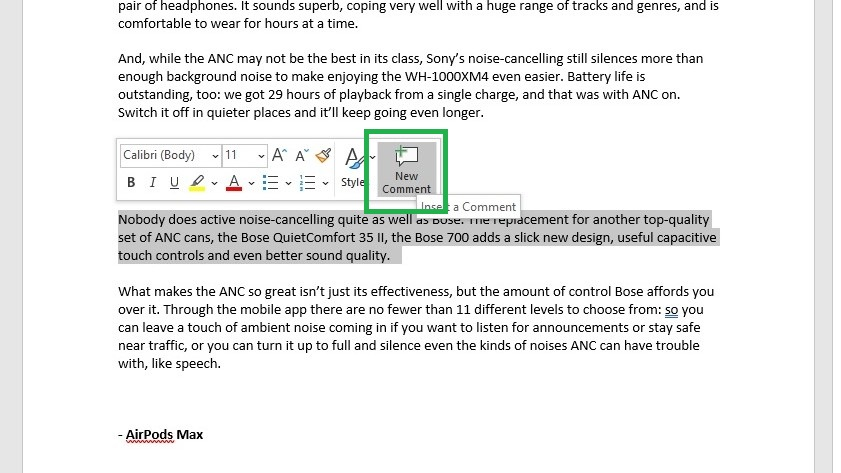 Добавление нового комментария в Microsoft Word