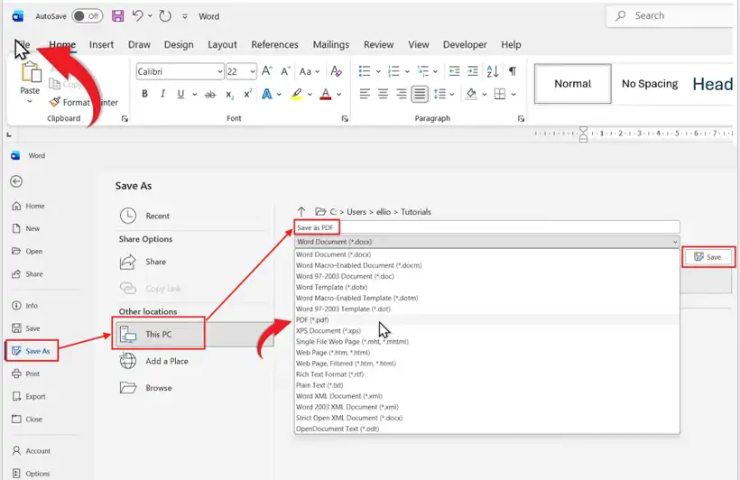 Выбор формата PDF в окне сохранения Microsoft Word