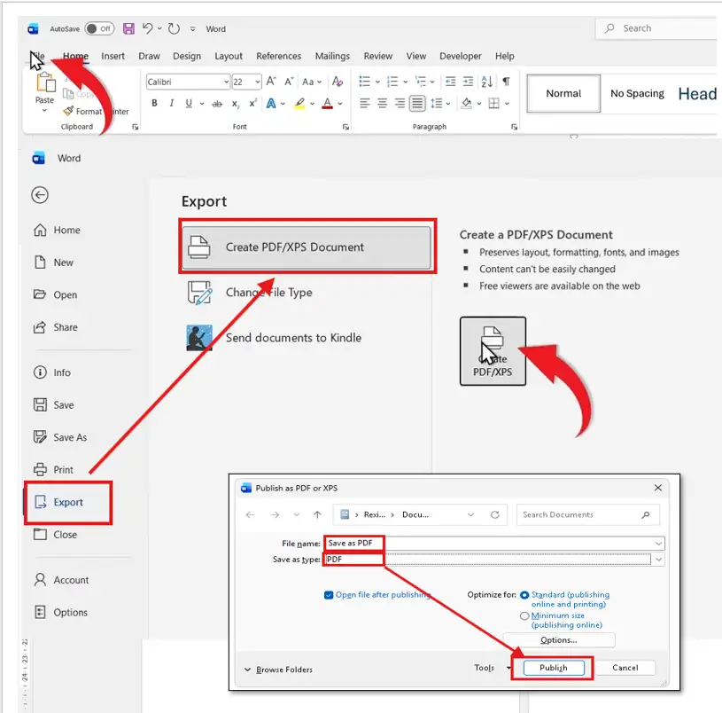 Команда экспорта PDF и окно публикации Microsoft Word