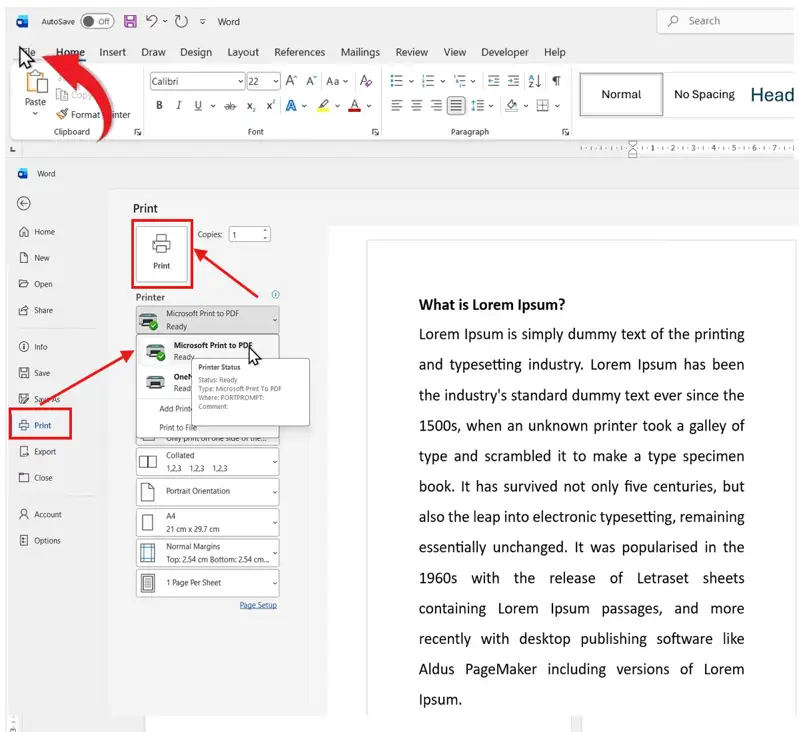 Печать документа через Microsoft Print to PDF