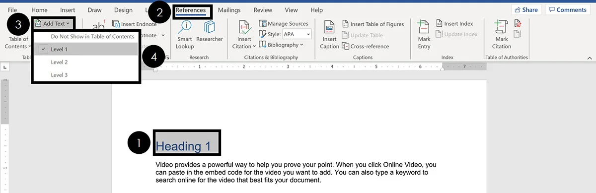 Назначение уровня заголовка для оглавления Microsoft Word