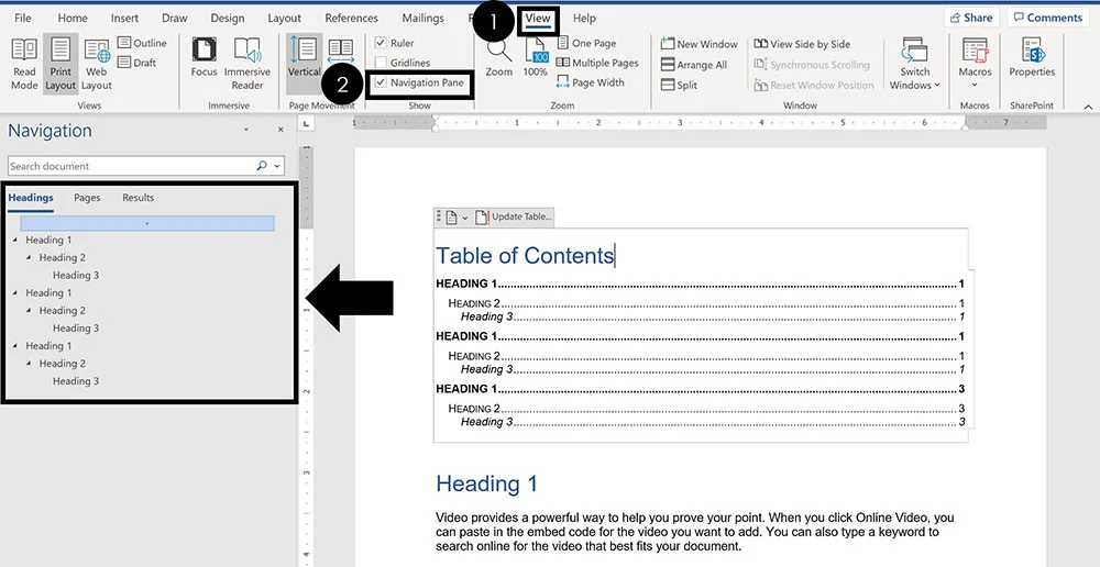 Область навигации и вкладка Вид в Microsoft Word