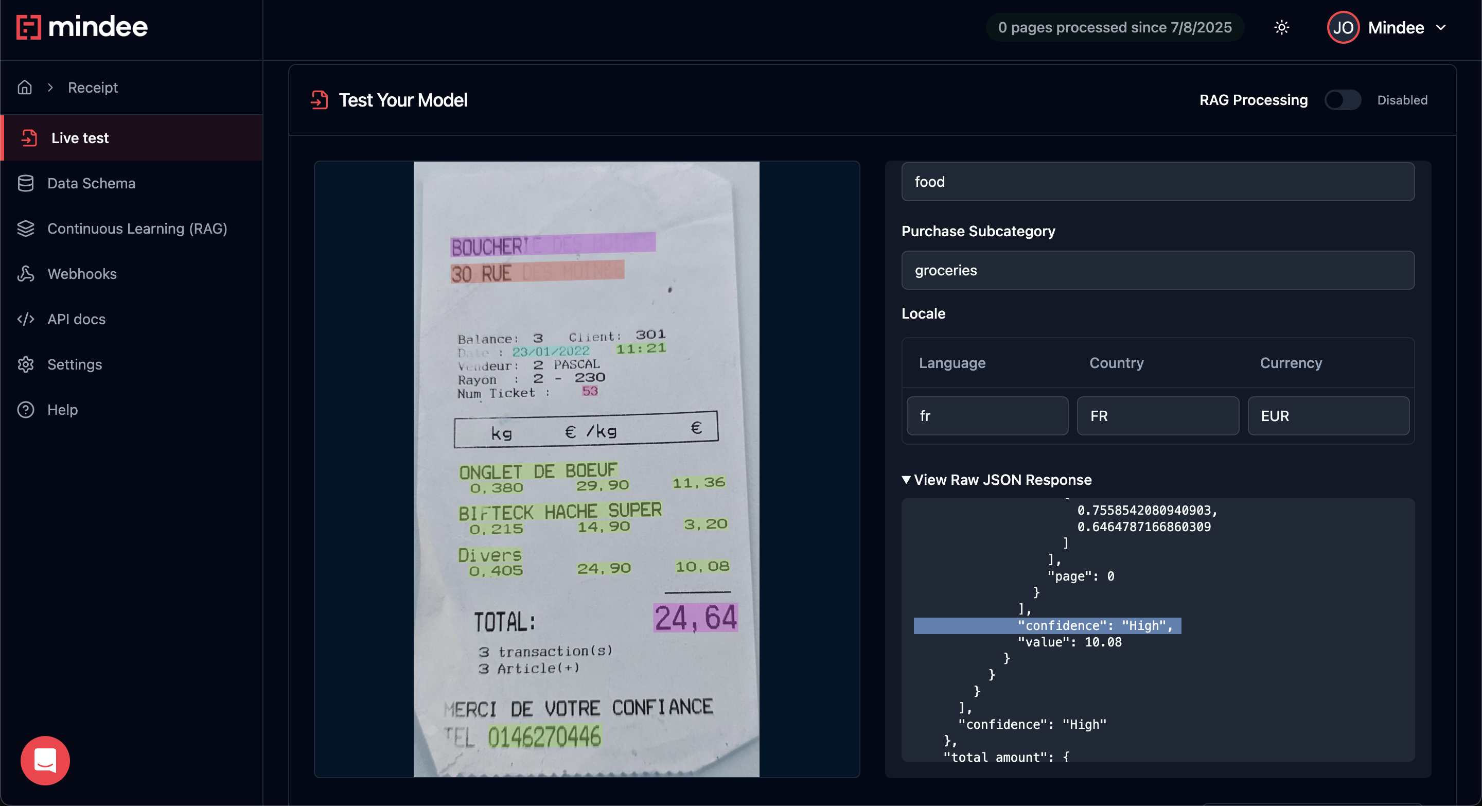 Live Test Mindee с раскрытым JSON и значением уверенности