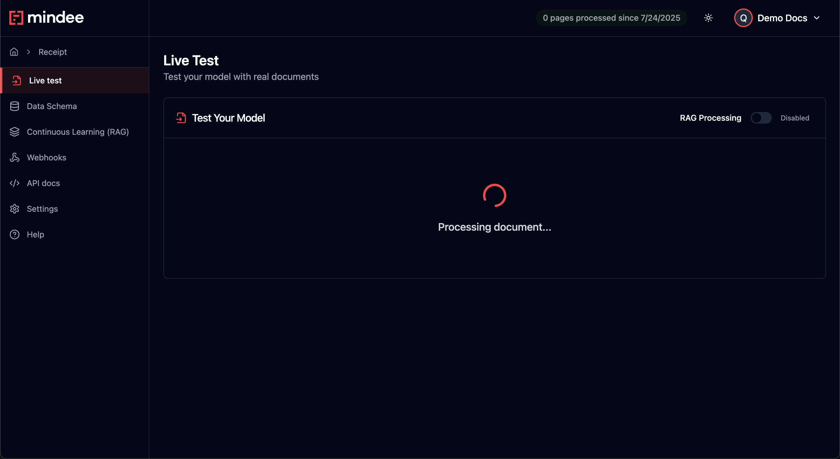 Экран обработки документа в Live Test Mindee