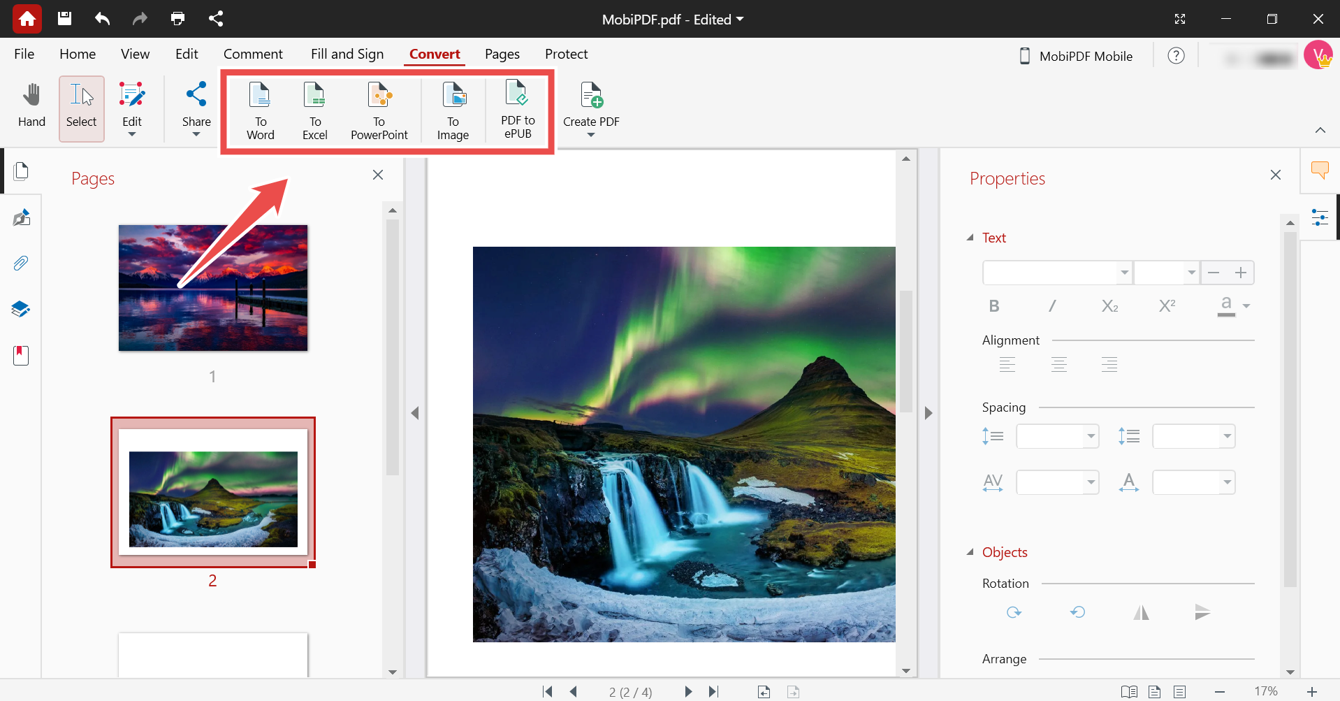 Форматы экспорта на вкладке Convert в MobiPDF