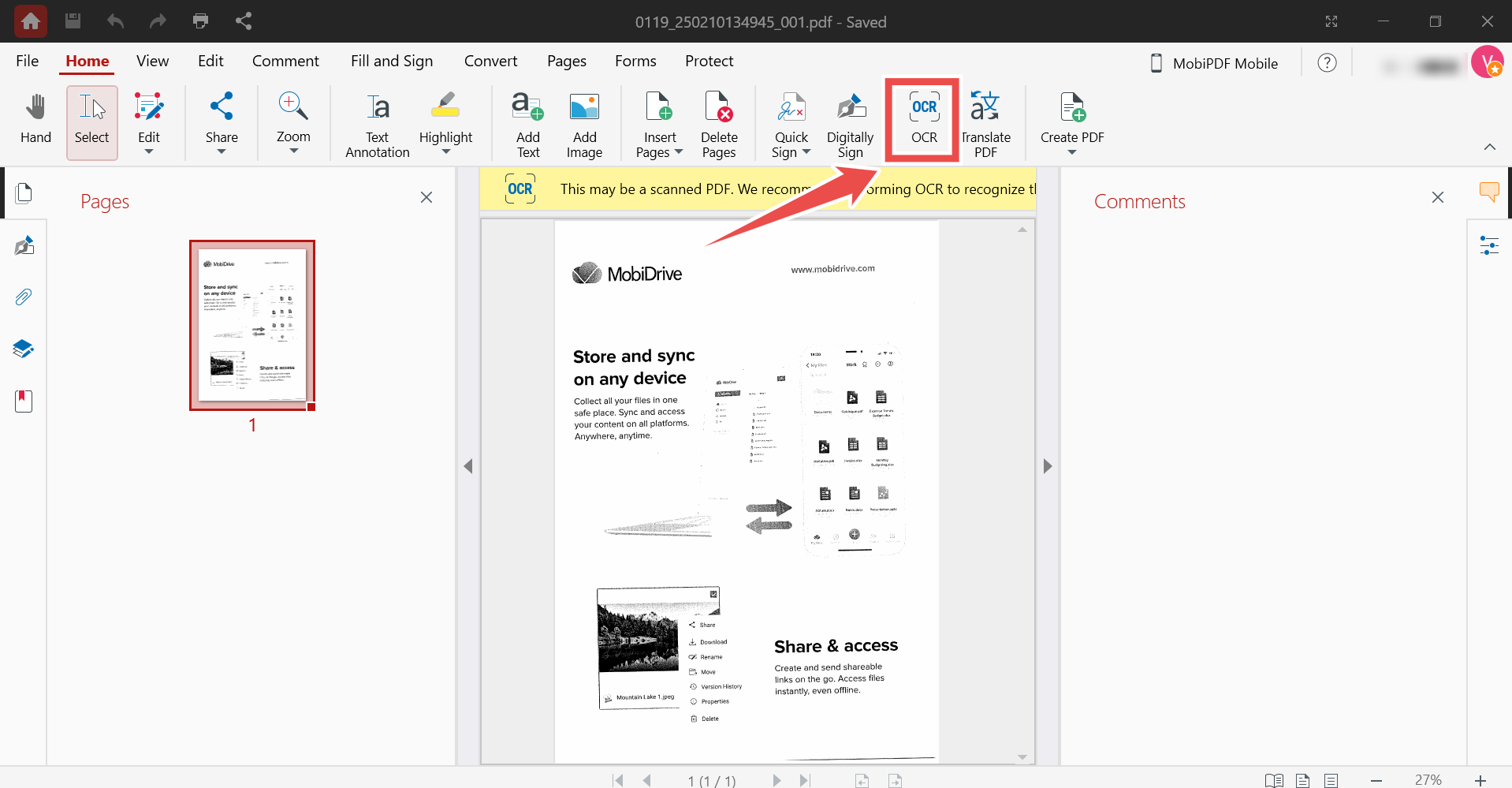 Команда OCR на вкладке Home в MobiPDF
