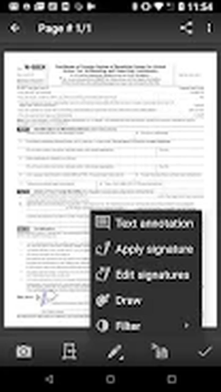 Меню аннотаций, подписи и фильтров Mobile Doc Scanner
