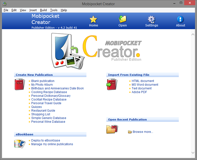 Домашний экран Mobipocket Creator Publisher Edition 4.2 build 41