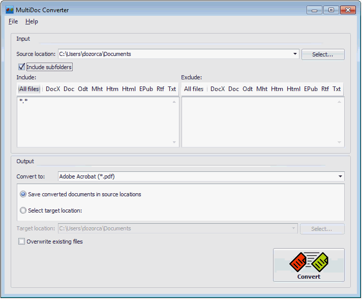 Главное окно MultiDoc Converter с выбранным выводом PDF