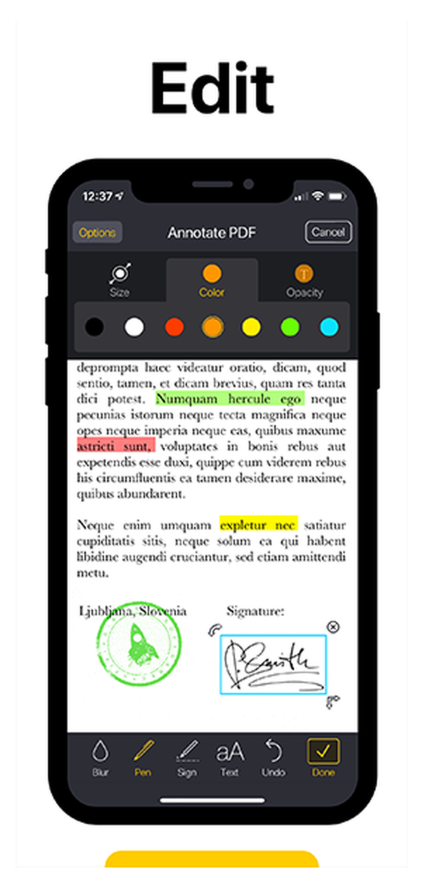 My Scans Pro: инструменты аннотации, цвета, размер и непрозрачность