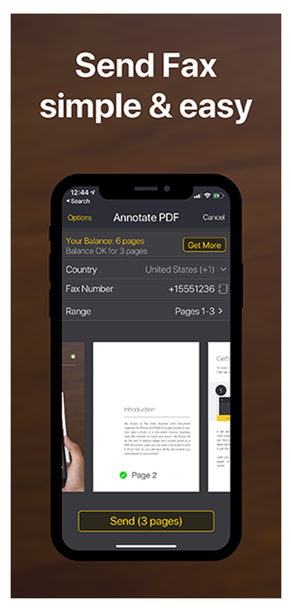 My Scans Pro: экран факса с номером и диапазоном страниц