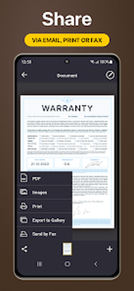 Меню отправки PDF в Android-версии My Scans