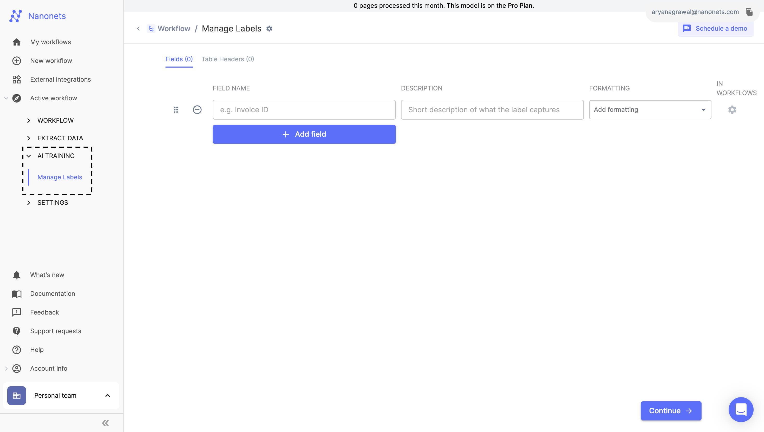 Экран Manage Labels для добавления полей