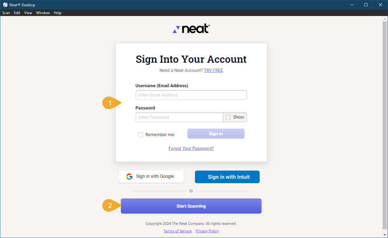 Стартовый экран Neat Desktop с входом в учетную запись и локальным запуском сканирования