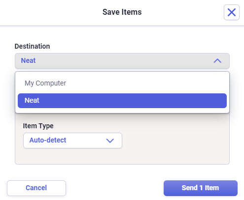 Выбор назначения My Computer или Neat в окне Save Items