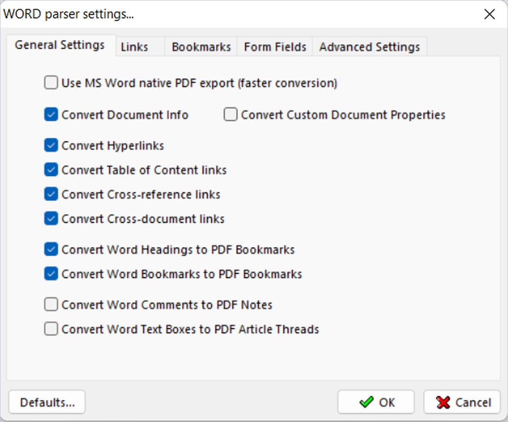 Параметры парсера Microsoft Word