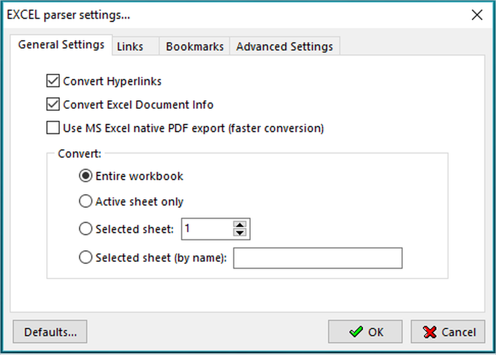 Параметры парсера Microsoft Excel