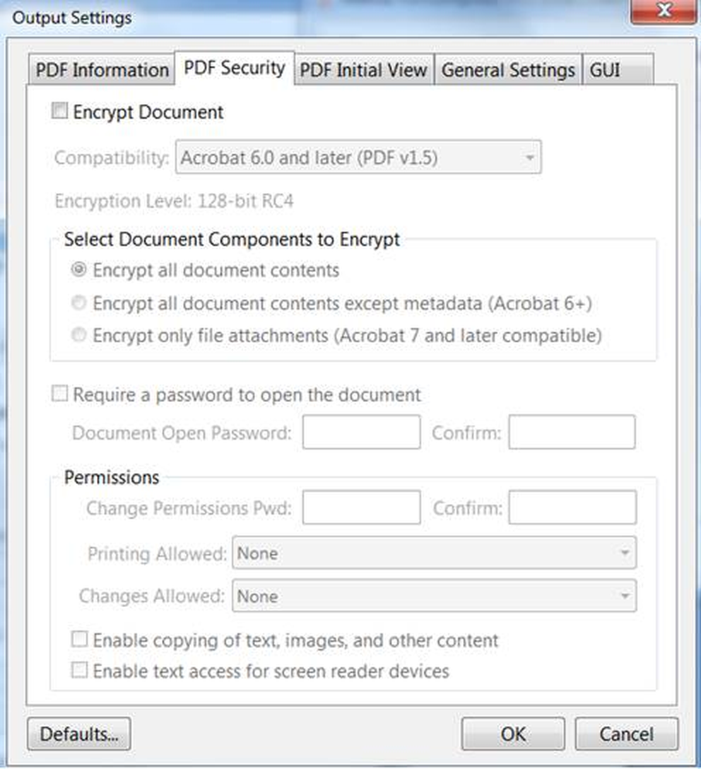 Вкладка PDF Security с настройками шифрования и разрешений