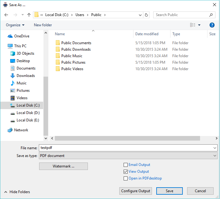 Окно сохранения Neevia docuPrinter Pro с выбором формата