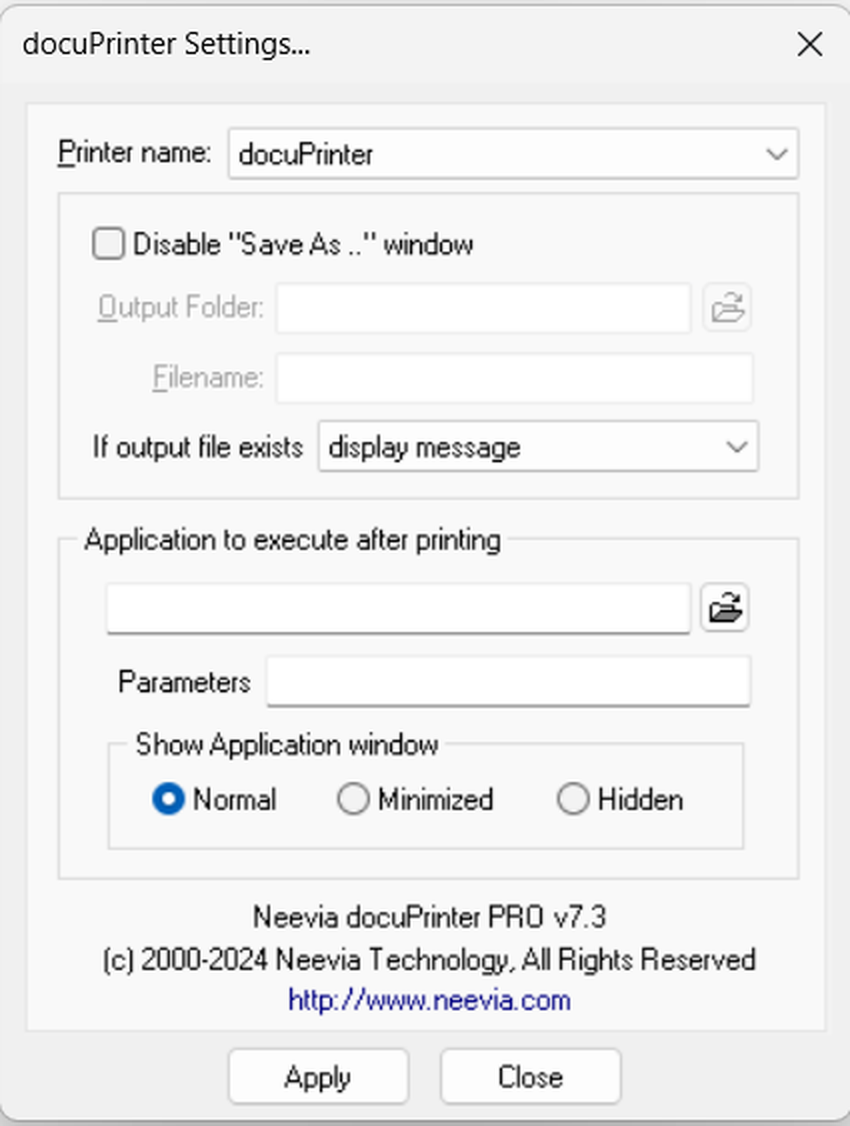 Общие настройки Neevia docuPrinter Pro
