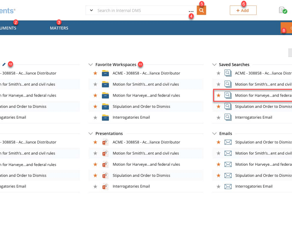 Домашняя область NetDocuments с избранными рабочими пространствами, сохранёнными поисками и письмами
