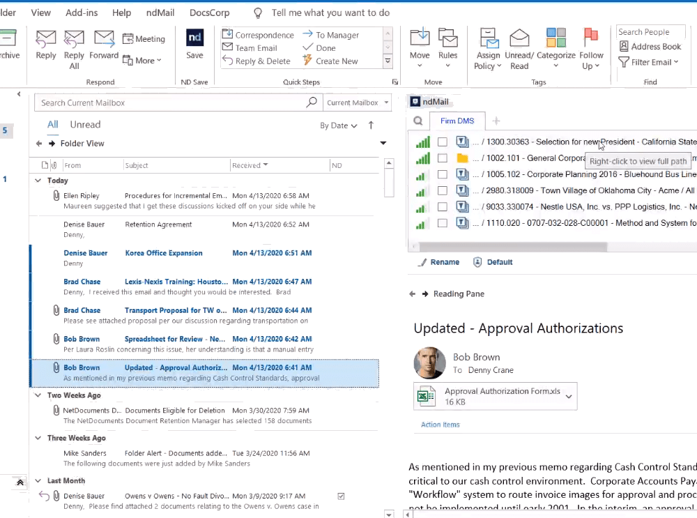Панель ndMail в Microsoft Outlook с предложенными местами подачи письма
