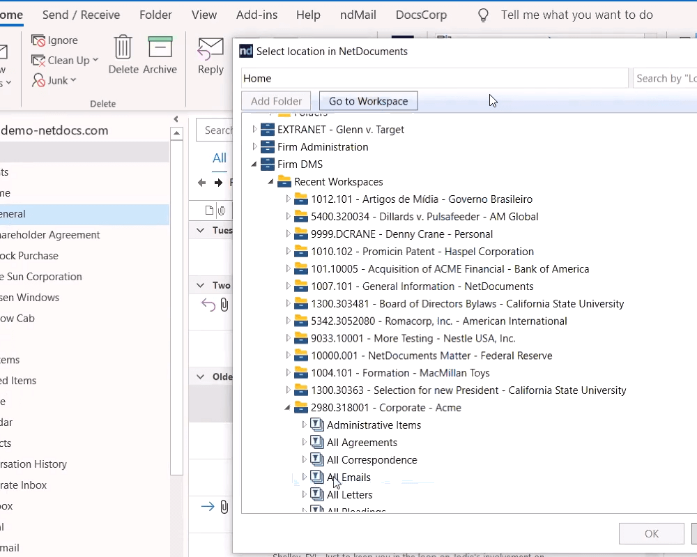 Выбор рабочего пространства NetDocuments из Microsoft Outlook