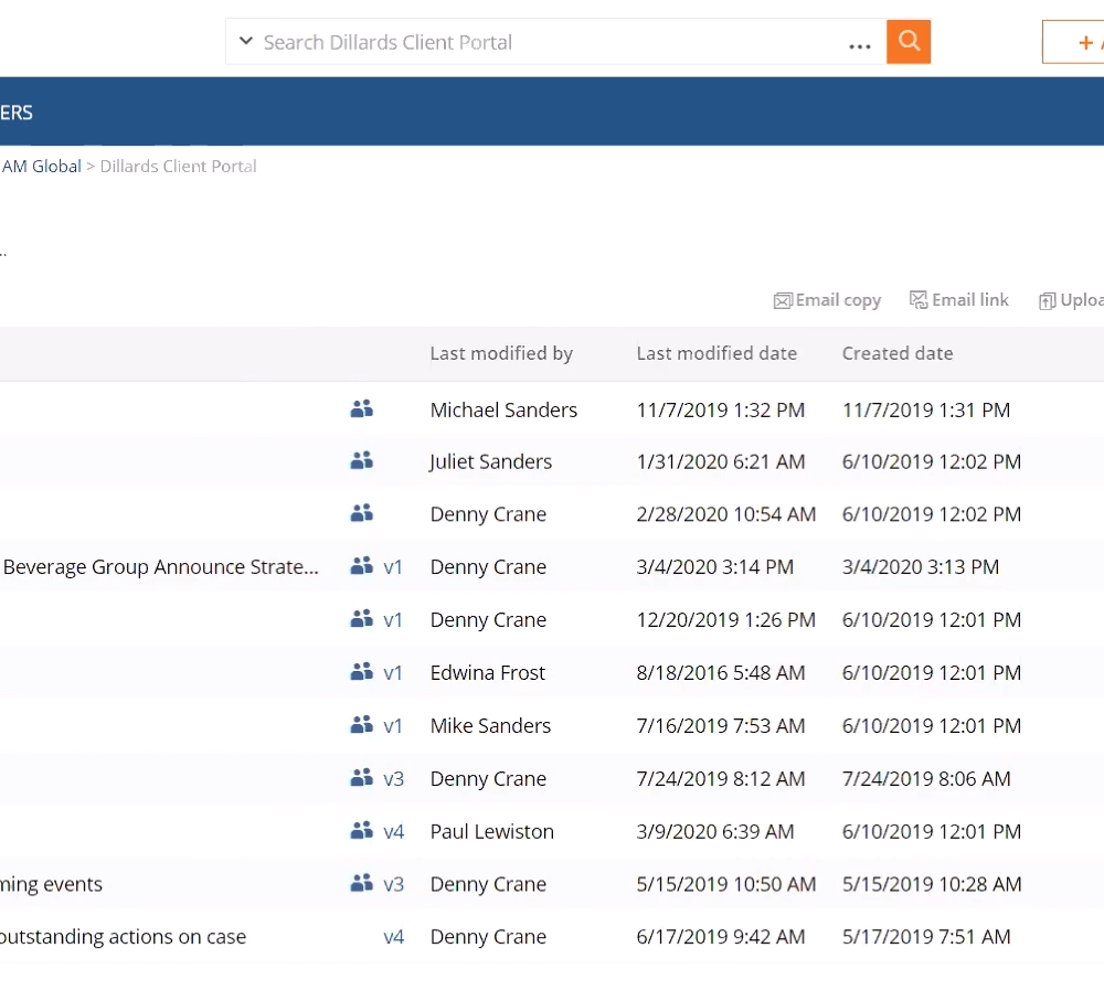 Список документов в клиентском CollabSpace NetDocuments
