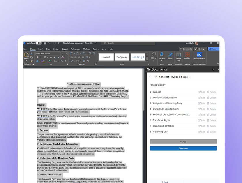 Панель NetDocuments в Microsoft Word с приложением для проверки документа