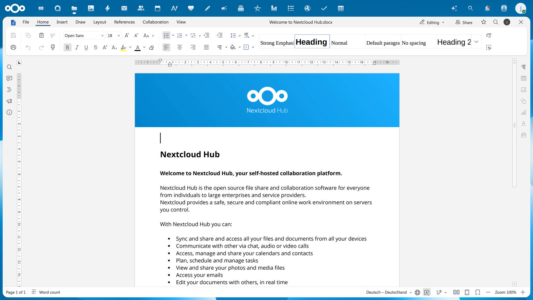 Полное окно текстового редактора Nextcloud Office