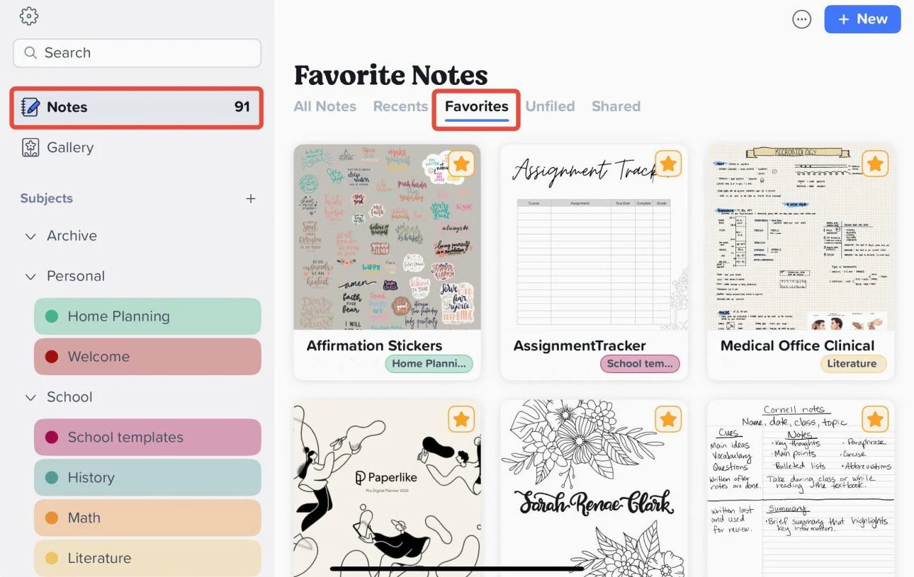 Раздел избранных заметок в Notability