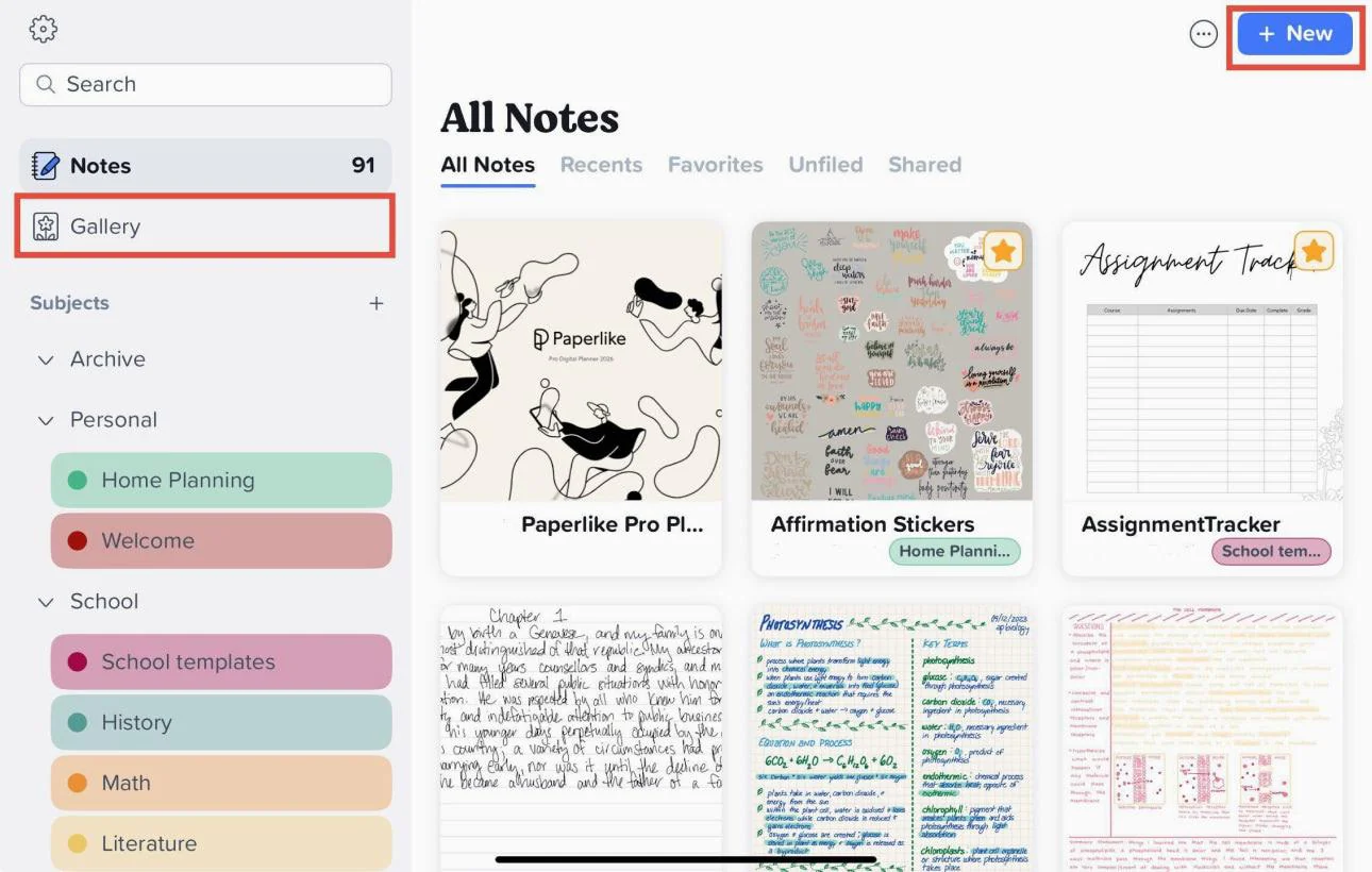 Создание новой заметки и переход к Галерее Notability