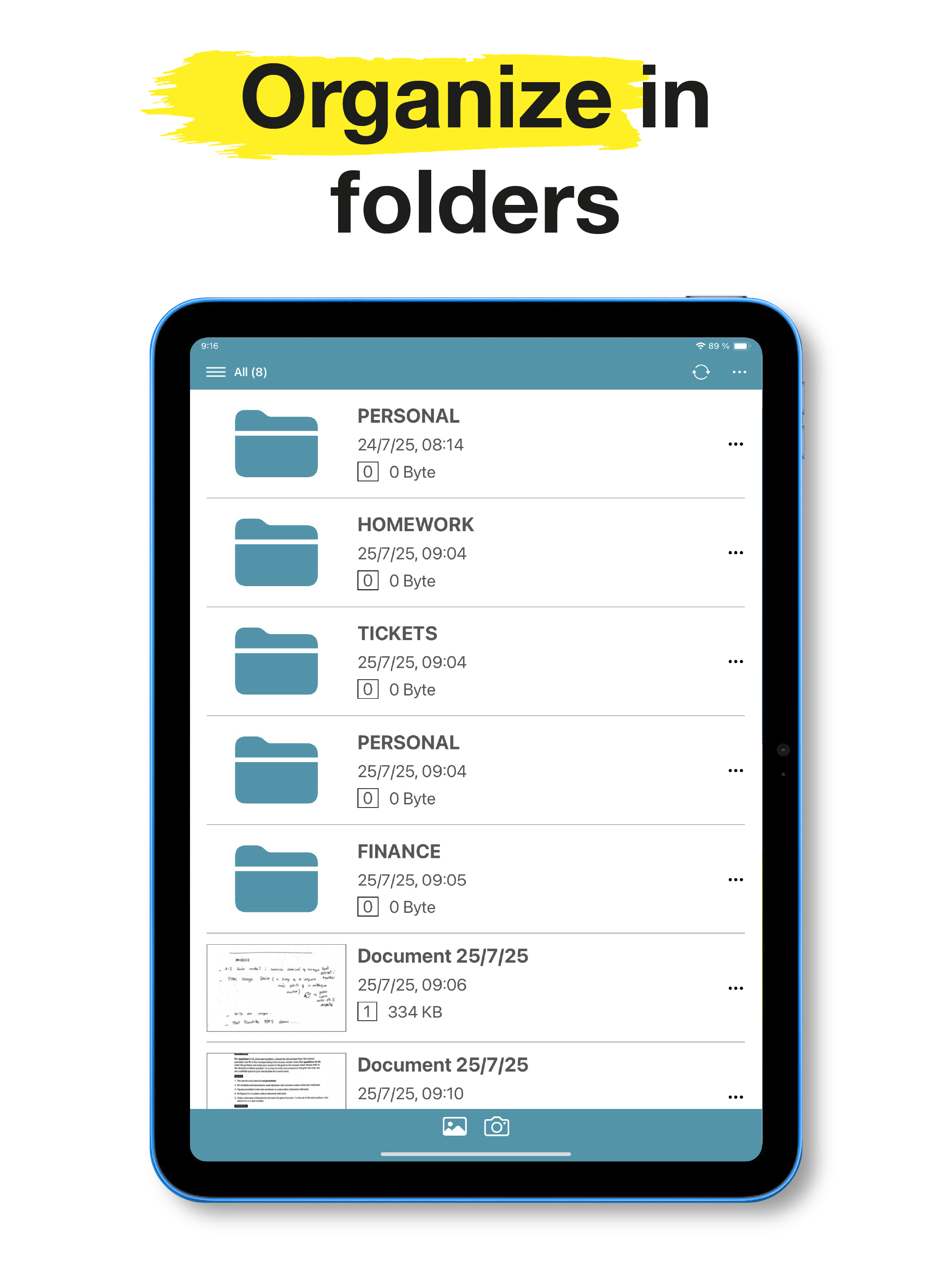 Список цветных папок и документов Notebloc Scanner на iPad