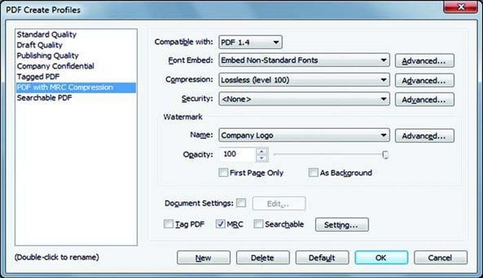 Редактор профилей PDF Create с режимами Tagged, MRC и Searchable PDF