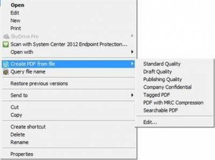 Команды Nuance PDF Create для одного файла в Проводнике