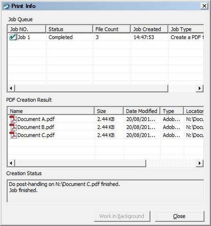 Окно Print Info со статусом создания PDF