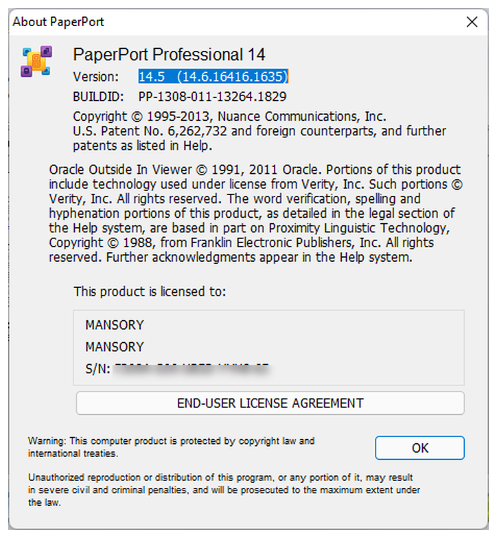 Окно сведений о Nuance PaperPort Professional 14 с номером версии и сборки