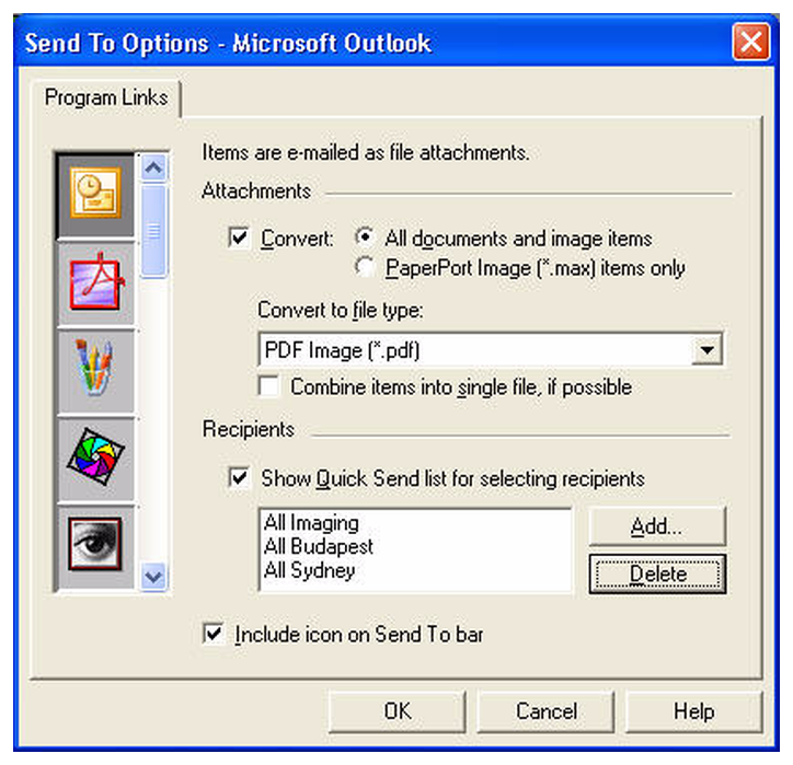 Параметры Send To для Microsoft Outlook в PaperPort