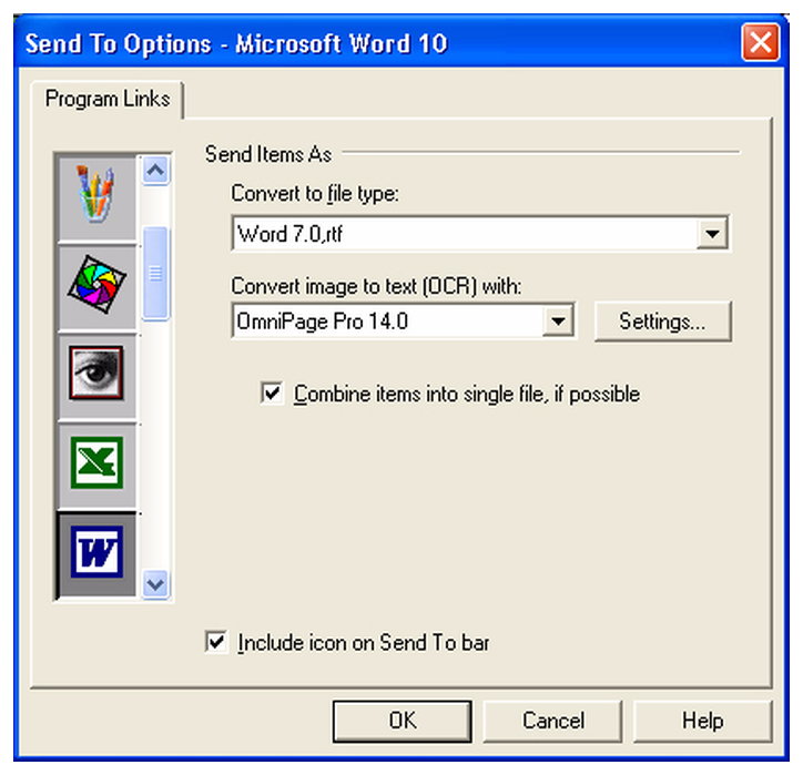 Параметры Send To для Microsoft Word в PaperPort