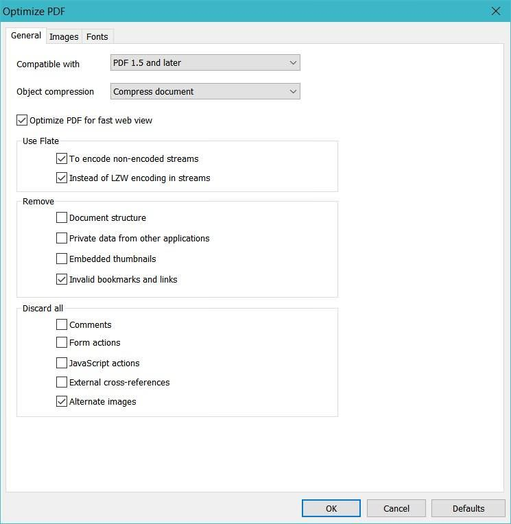Диалог Optimize PDF в Nuance Power PDF