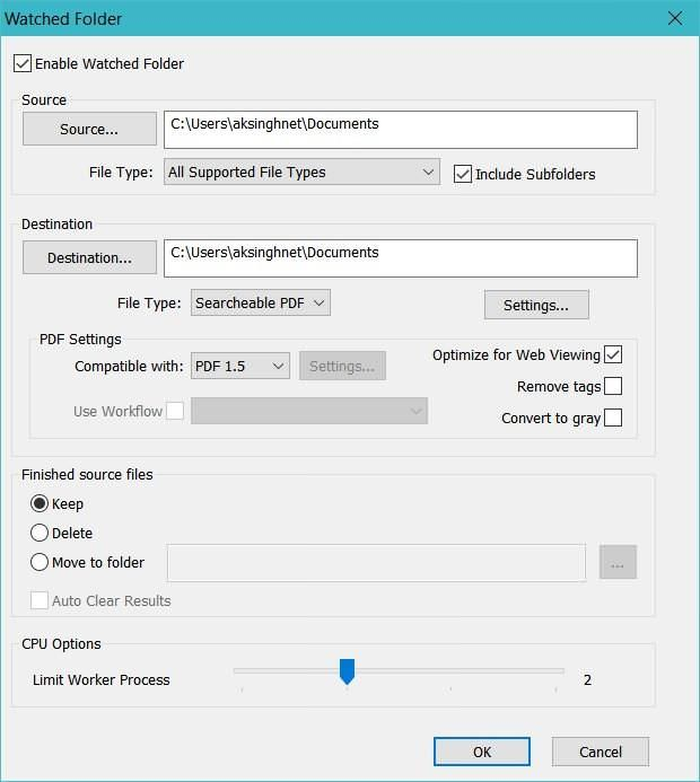 Настройки Watched Folder в Nuance Power PDF Advanced