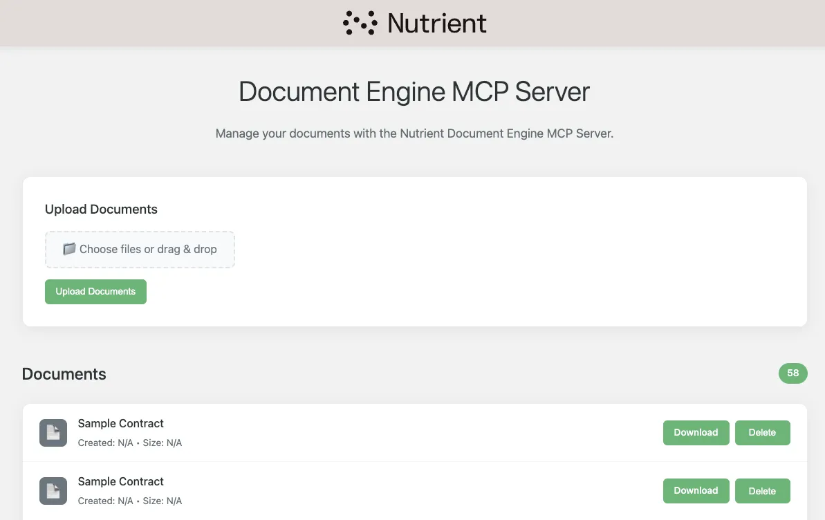 Панель официального MCP-примера для Document Engine