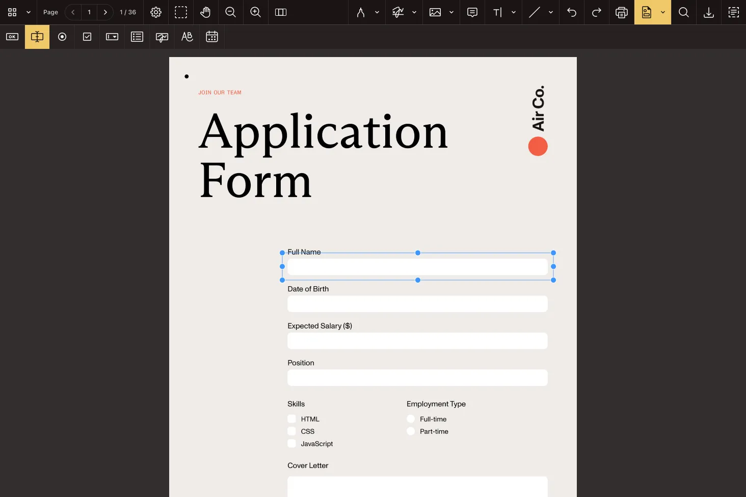 Конструктор полей PDF-формы в Nutrient SDK