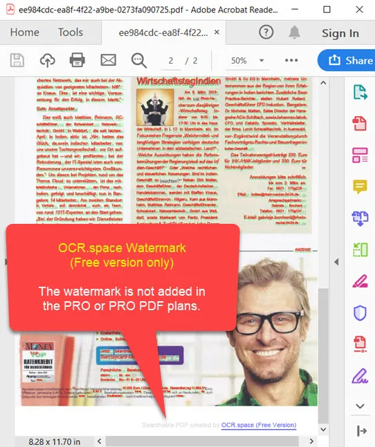 Отметка OCR.space в поисковом PDF бесплатного режима