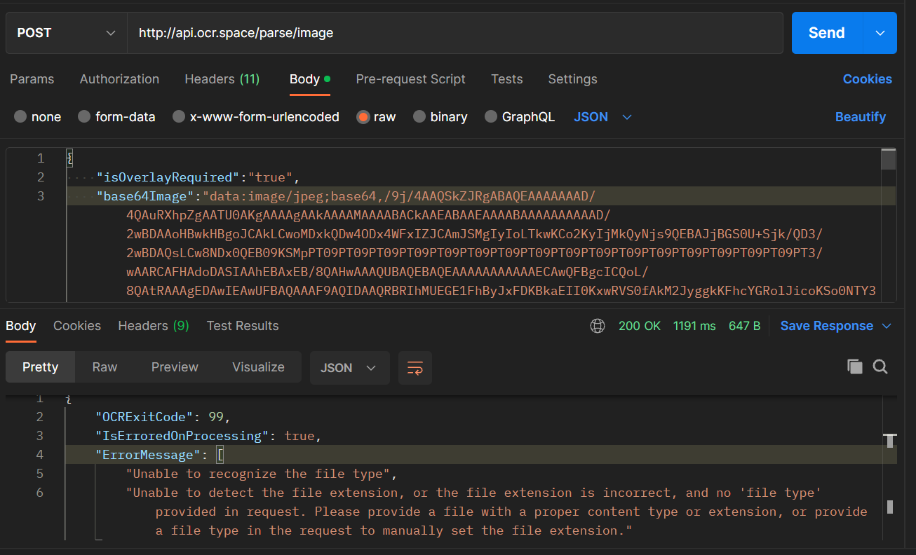 Ошибка OCR.space при неверном формате JSON и типе входного файла