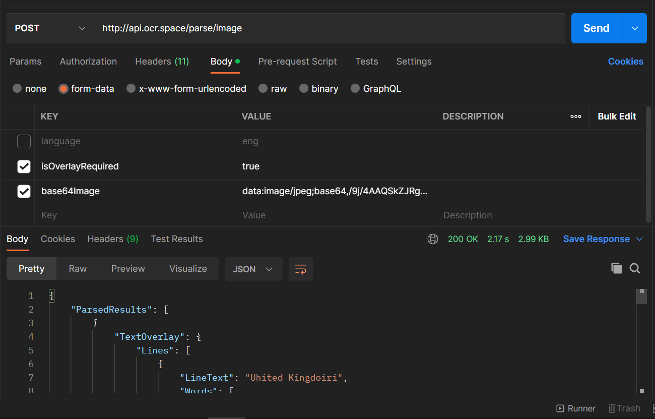 Успешный POST-запрос OCR.space с form-data и JSON-ответом