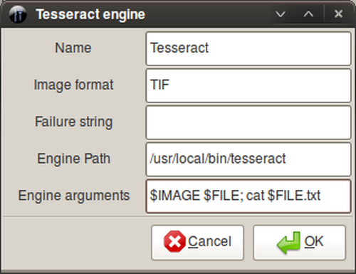 Окно настройки OCR-движка Tesseract в OCRFeeder
